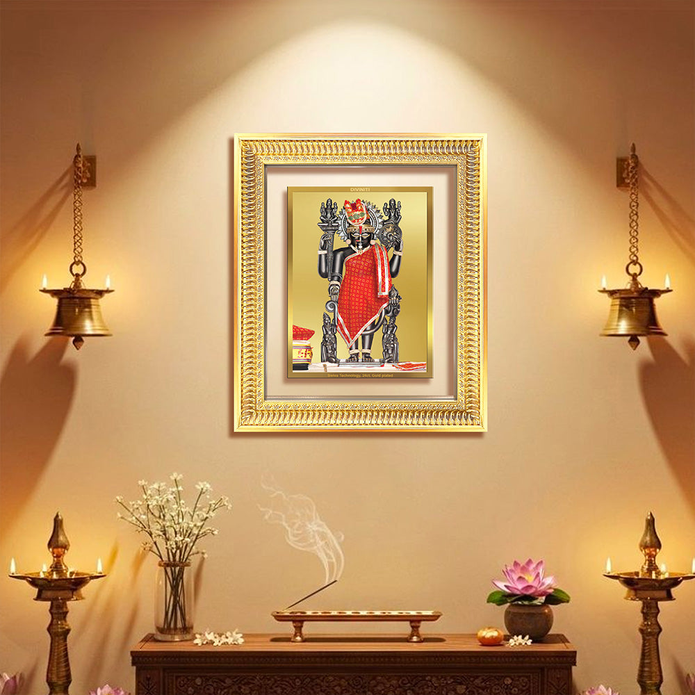 Dwarkadhish wall and tabletop frame in 24K gold plated foil, depicting Lord Krishna in a regal pose.