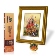 Load image into Gallery viewer, DIVINITI Durga DG 2.5 Gold Plated Photo Frame, 24K Double sided Gold Plated Pendant 18 MM and Classic Sandalwood Incense Sticks For Navratri Festival Prayer &amp; Auspicious Occasion (Combo Pack)
