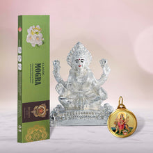 Load image into Gallery viewer, DIVINITI 999 Silver Plated Laxmi Ji Idol, 24K Double Sided Gold Plated Pendant 18 MM and Classic Mogra Incense Sticks for Navratri Festival Prayer &amp; Auspicious Occasion (Combo Pack)
