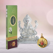 Load image into Gallery viewer, DIVINITI 999 Silver Plated Laxmi Ji Idol, 24K Double Sided Gold Plated Pendant 18 MM and OMG Mogra Incense Sticks for Navratri Festival Prayer &amp; Auspicious Occasion (Combo Pack)
