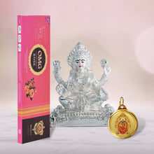 Load image into Gallery viewer, DIVINITI 999 Silver Plated Laxmi Ji Idol, 24K Double Sided Gold Plated Pendant 18 MM and OMG Rose Incense Sticks for Navratri Festival Prayer &amp; Auspicious Occasion (Combo Pack)

