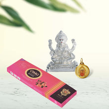 Load image into Gallery viewer, DIVINITI 999 Silver Plated Laxmi Ji Idol, 24K Double Sided Gold Plated Pendant 18 MM and OMG Rose Incense Sticks for Navratri Festival Prayer &amp; Auspicious Occasion (Combo Pack)
