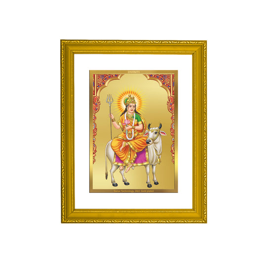 DIVINITI 24K Gold Plated Foil Shailputri Mata Photo Frame Idol for Puja Room, Home Decor, Wall Hanging, Workshop, Gift|DG101 Size 2 (22.6x18.4 CM)