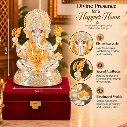 999 Silver-Plated Dual-Tone Lord Ganesha Idol | Premium Gift Box | 15x12 CM