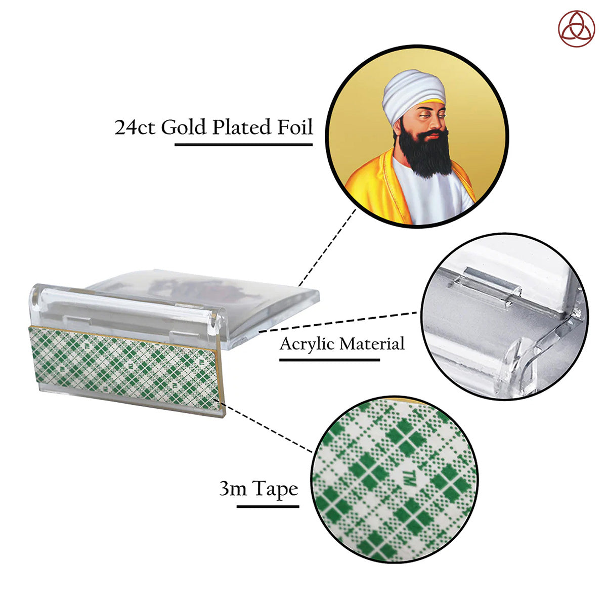 Guru Tegh Bahadar Ji | Divine Sikh Guru Car Dashboard & Tabletop Photo Frame in 24K Gold Plated Foil