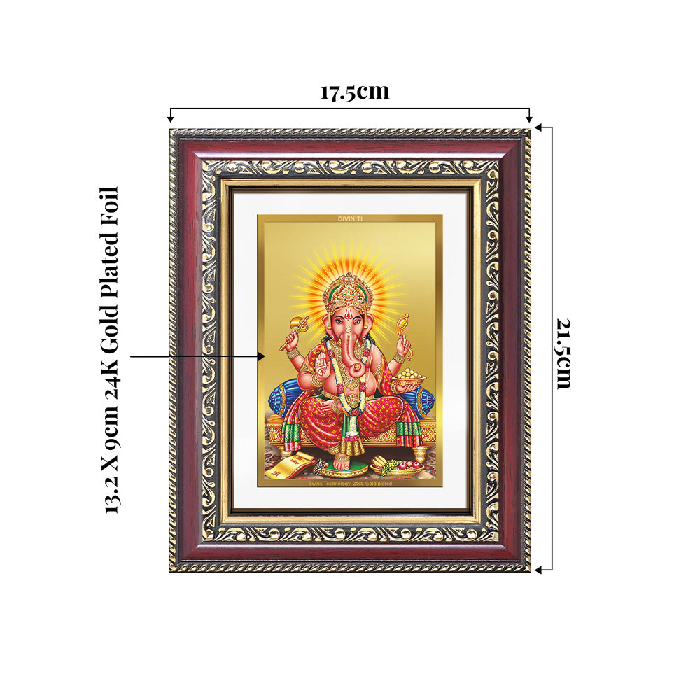 Lord Ganpati photo frame in 24k gold plated foil showing dimensions
