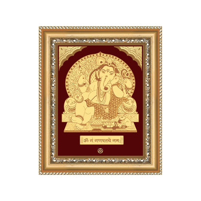 Ganesha with Throne wall hanging in 24K gold plated foil, depicting divine love and devotion in an elegant frame.