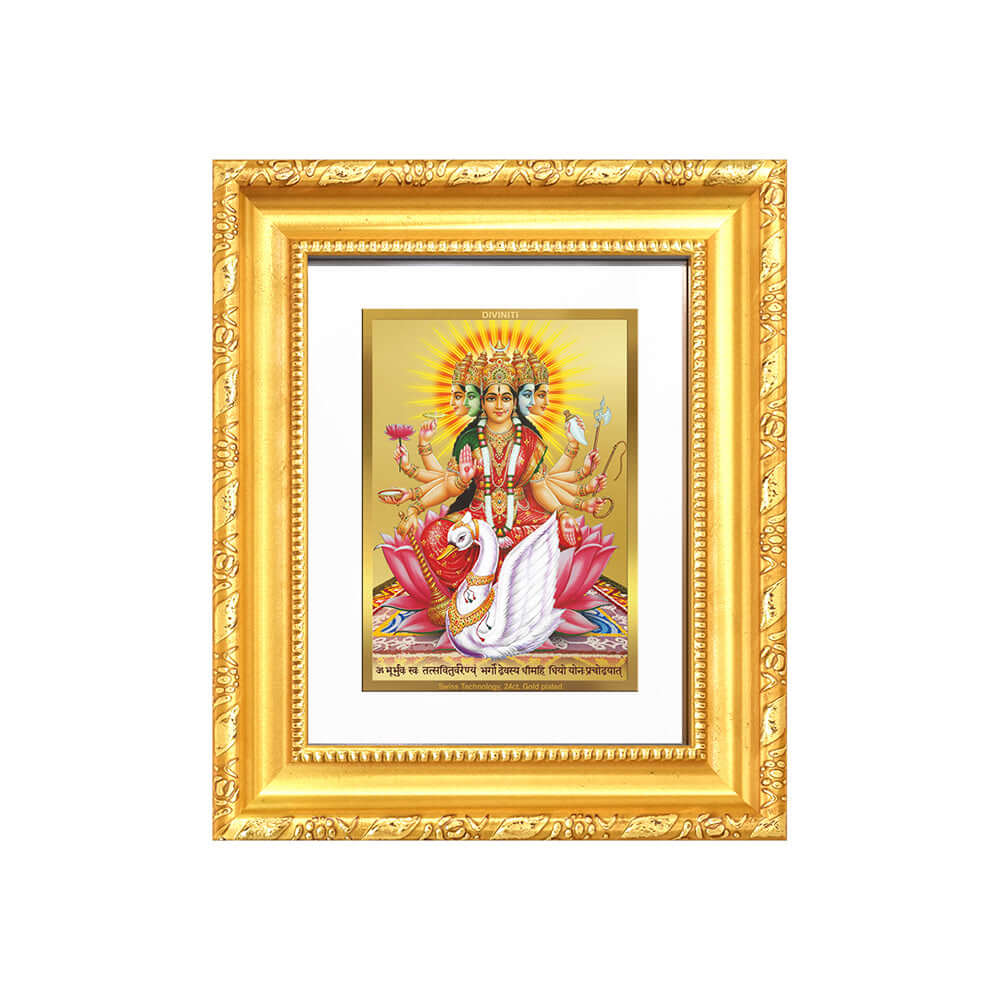 Gayatri Mata tabletop frame in 24K gold plated foil with divine imagery and elegant design.