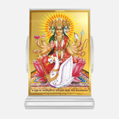 Diviniti 24K Gold Plated Foil Gayatri Mata Frame For Car Dashboard, Home Decor, Puja, Festival Gift (11 x 6.8 CM)