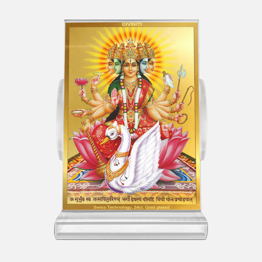 Diviniti 24K Gold Plated Foil Gayatri Mata Frame For Car Dashboard, Home Decor, Puja, Festival Gift (11 x 6.8 CM)