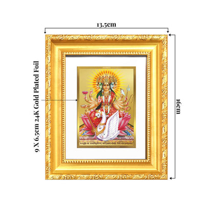 Gayatri Mata tabletop frame in 24K gold plated foil with measurements displayed