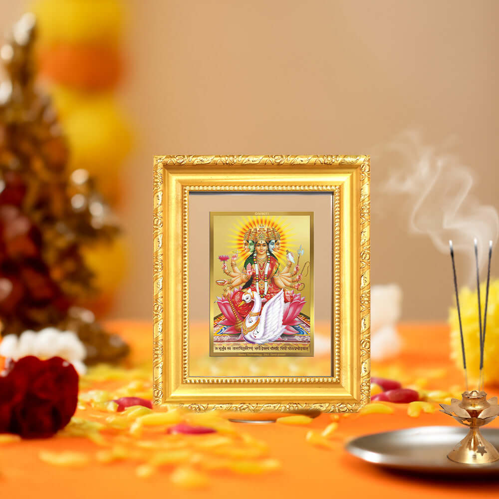 Gayatri Mata tabletop frame in 24K gold plated foil, symbolizing wisdom and purity, beautifully crafted for spiritual decor.