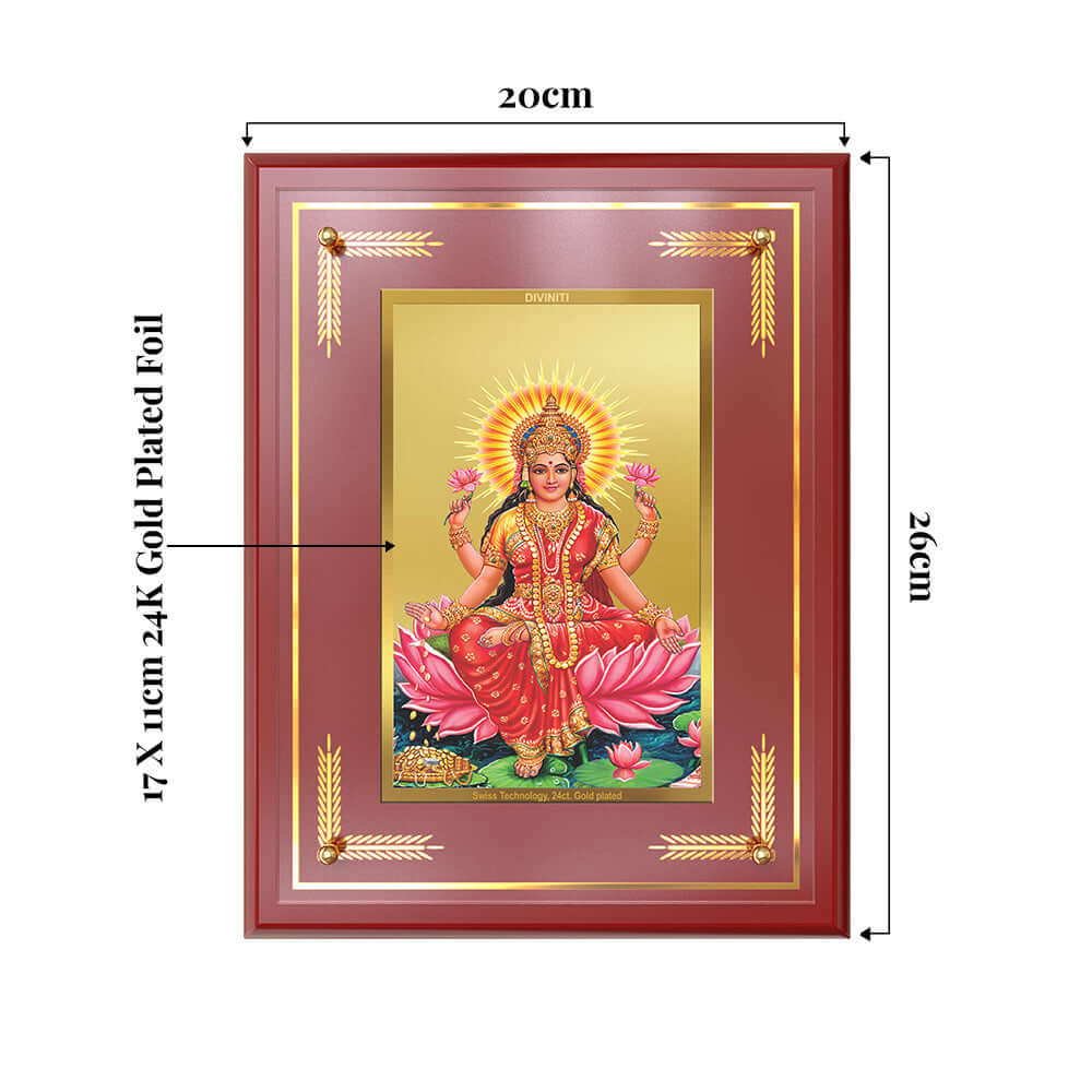 Goddess Lakshmi Photo Frame showing product dimensions, ideal for spiritual décor and devotional gifting.