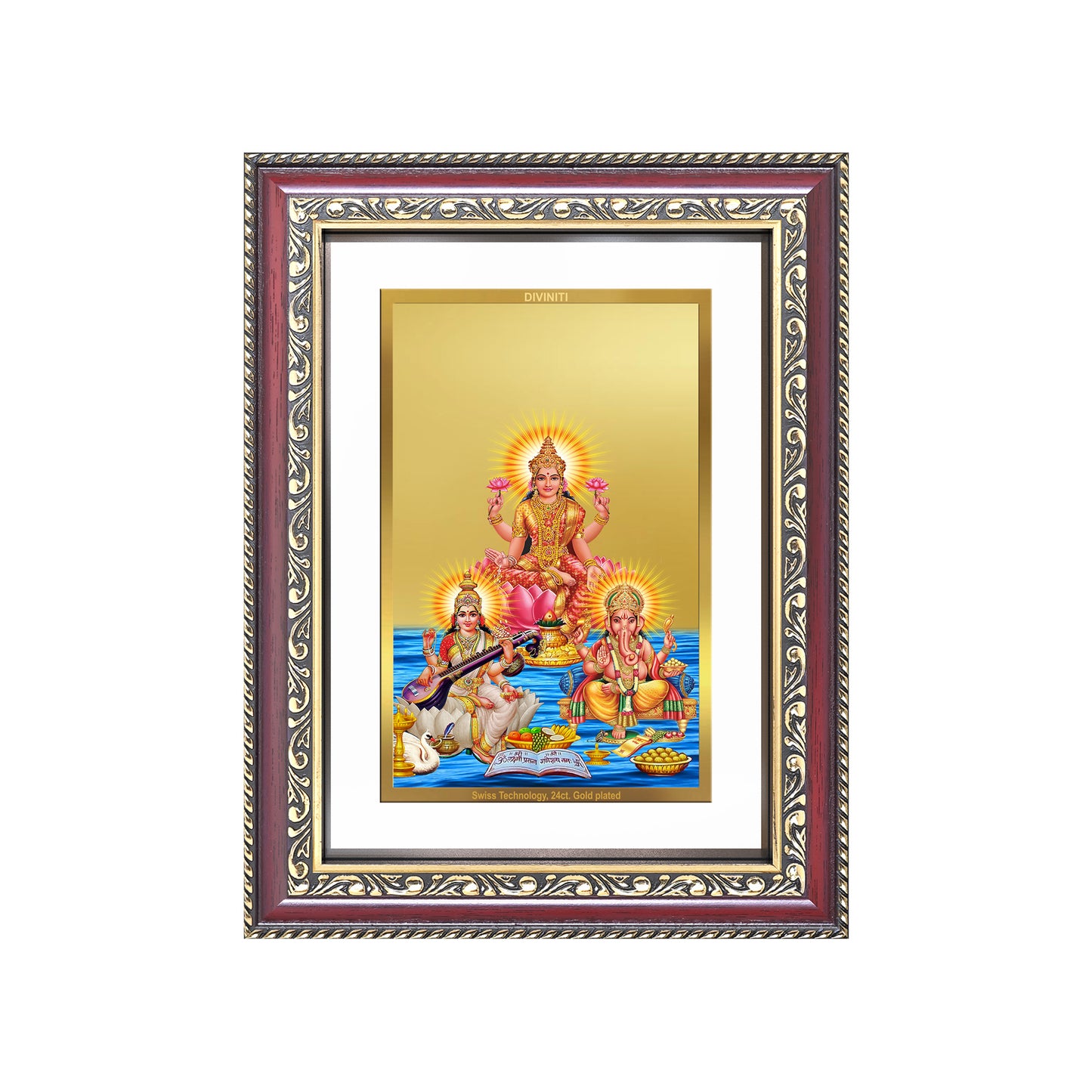 Goddess Lakshmi, Saraswati & Lord Ganesha | Divine Trio Wall and Tabletop Photo Frame in 24K Gold Plated Foil