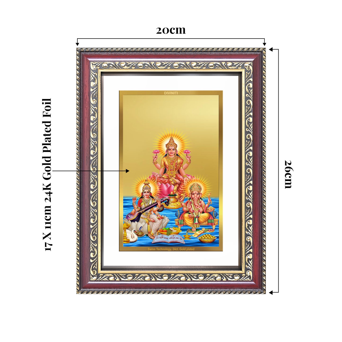 Goddess Lakshmi, Saraswati & Lord Ganesha | Divine Trio Wall and Tabletop Photo Frame in 24K Gold Plated Foil