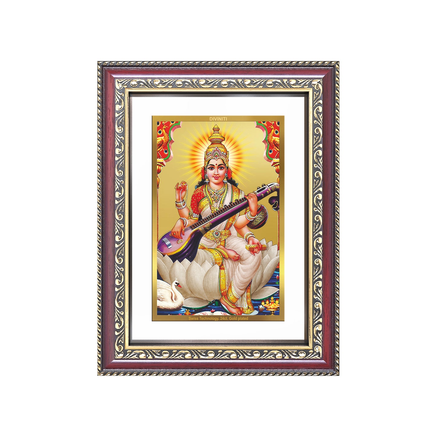 Goddess Saraswati | Divine Mother of Wisdom & Arts Wall and Tabletop Photo Frame in 24K Gold Plated Foil