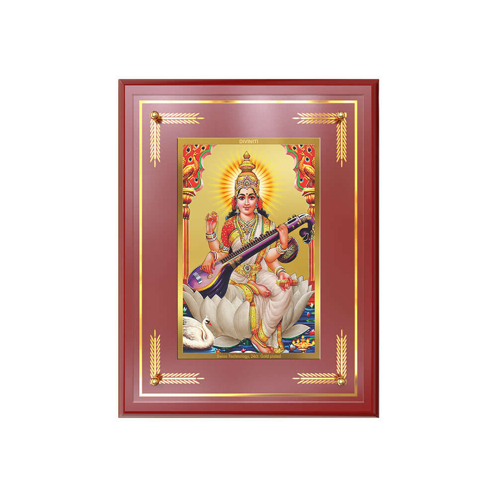Goddess Saraswati Photo Frame in 24k gold plated foil 