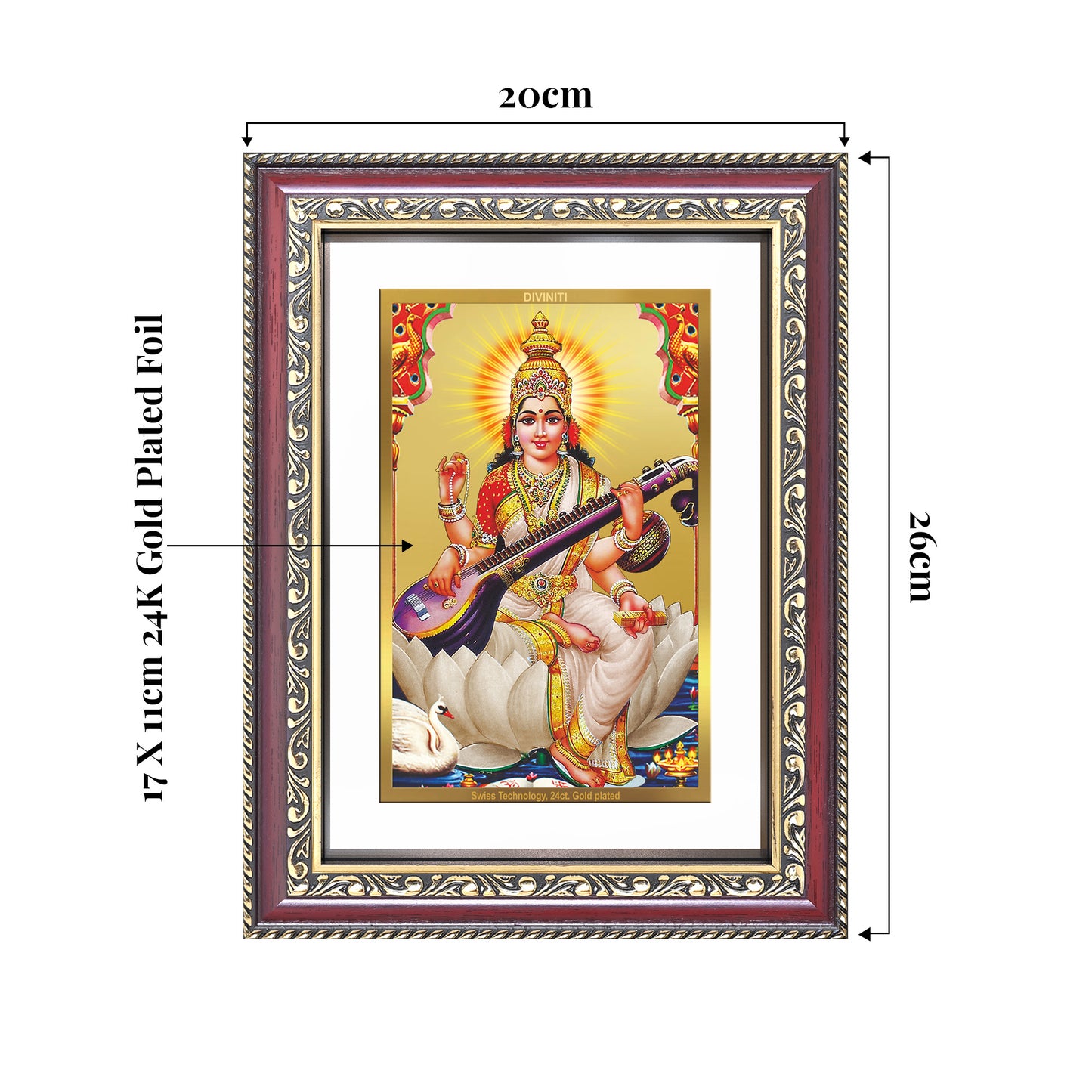 Goddess Saraswati | Divine Mother of Wisdom & Arts Wall and Tabletop Photo Frame in 24K Gold Plated Foil
