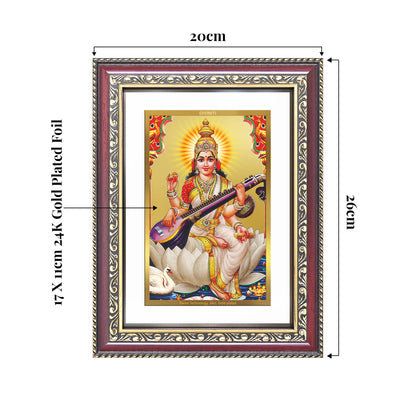 Goddess Saraswati | Divine Mother of Wisdom & Arts Wall and Tabletop Photo Frame in 24K Gold Plated Foil