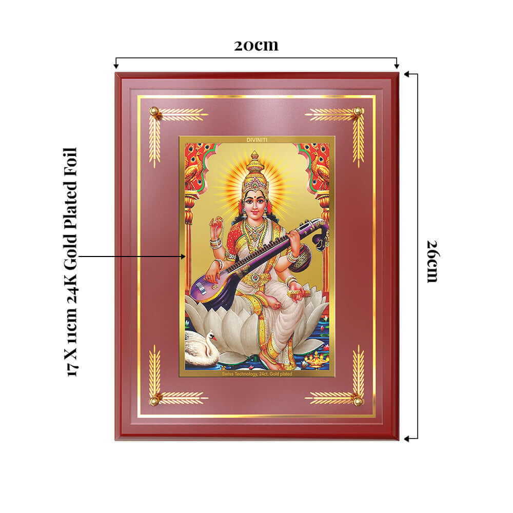 Goddess Saraswati Photo Frame showing product dimensions, ideal for spiritual décor and devotional gifting.