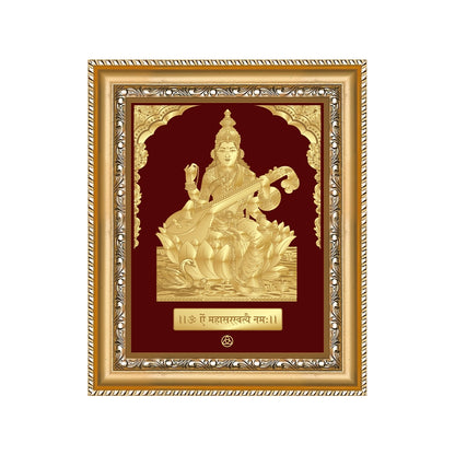 Goddess Saraswati | Divine Mother of Wisdom & Arts Gold on Gold Wall Hanging Frame in 24K Gold Plated Foil