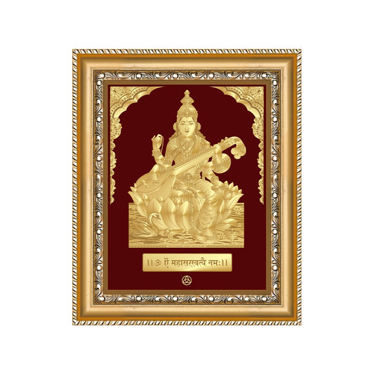 Goddess Saraswati | Divine Mother of Wisdom & Arts Gold on Gold Wall Hanging Frame in 24K Gold Plated Foil