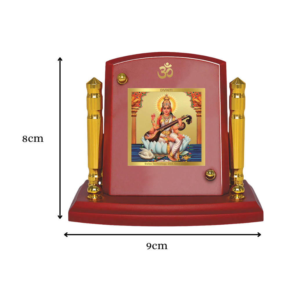 Goddess Saraswati | Divine Mother of Wisdom & Arts Car Dashboard Frame in 24K Gold Plated Foil