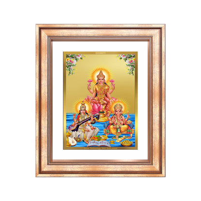 Goddess Lakshmi, Saraswati & Lord Ganesha | Divine Trio Wall Mount Photo Frame in 24K Gold Plated Foil