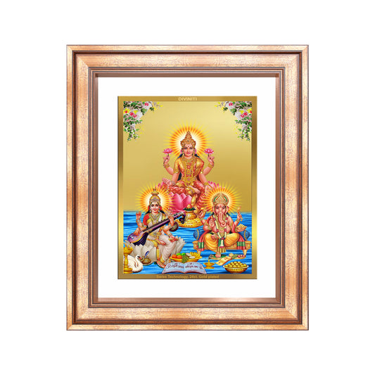 Goddess Lakshmi, Saraswati & Lord Ganesha | Divine Trio Wall Mount Photo Frame in 24K Gold Plated Foil