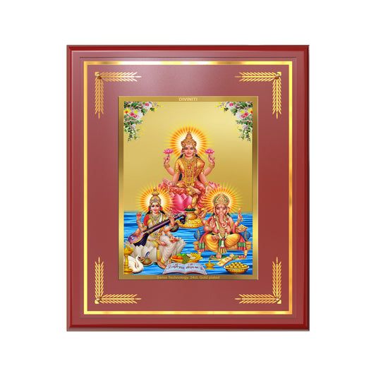 Goddess Lakshmi, Saraswati & Lord Ganesha | Divine Trio Wall Mount Photo Frame in 24K Gold Plated Foil