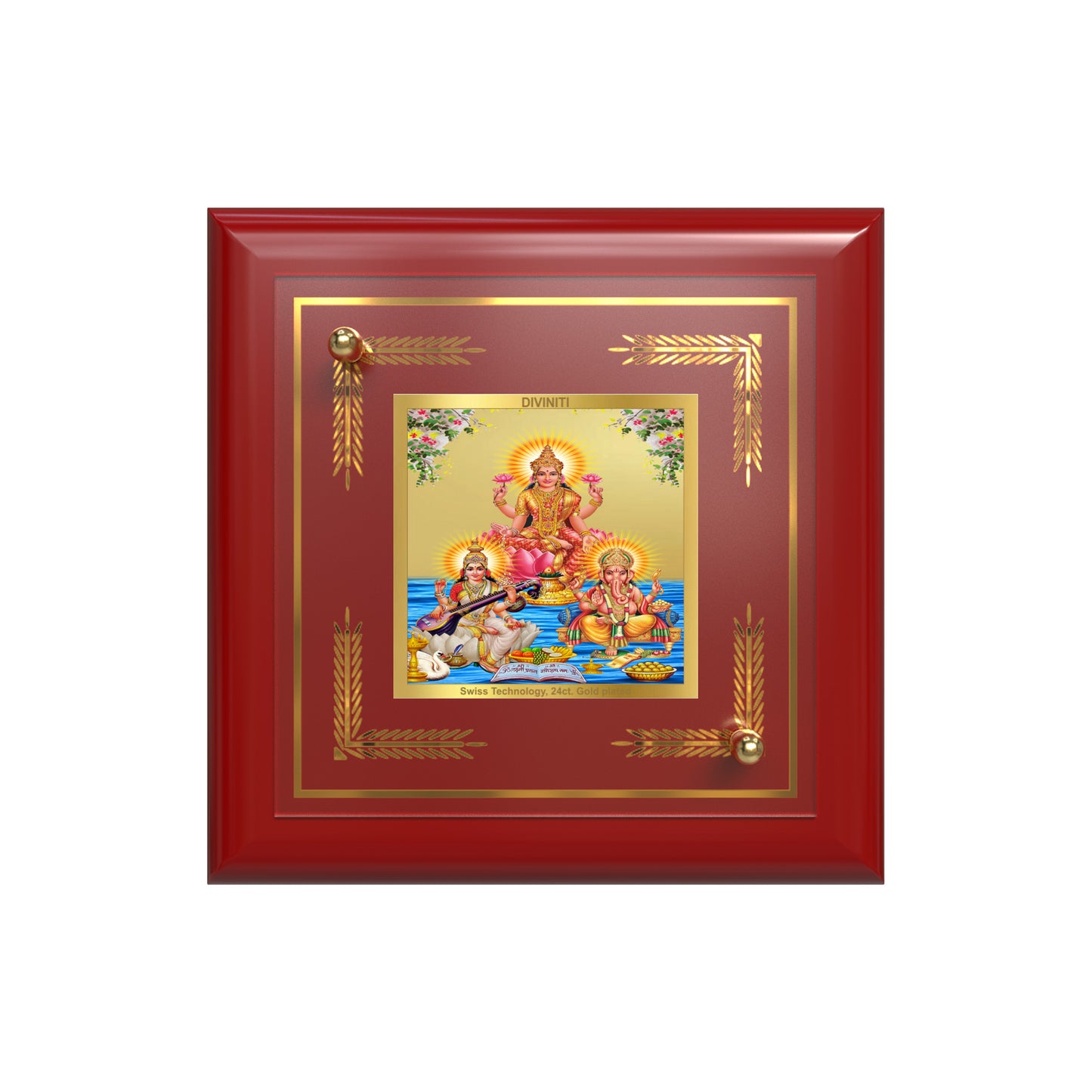 Goddess Lakshmi, Saraswati & Lord Ganesha | Divine Trio Tabletop Frame in 24K Gold Plated Foil