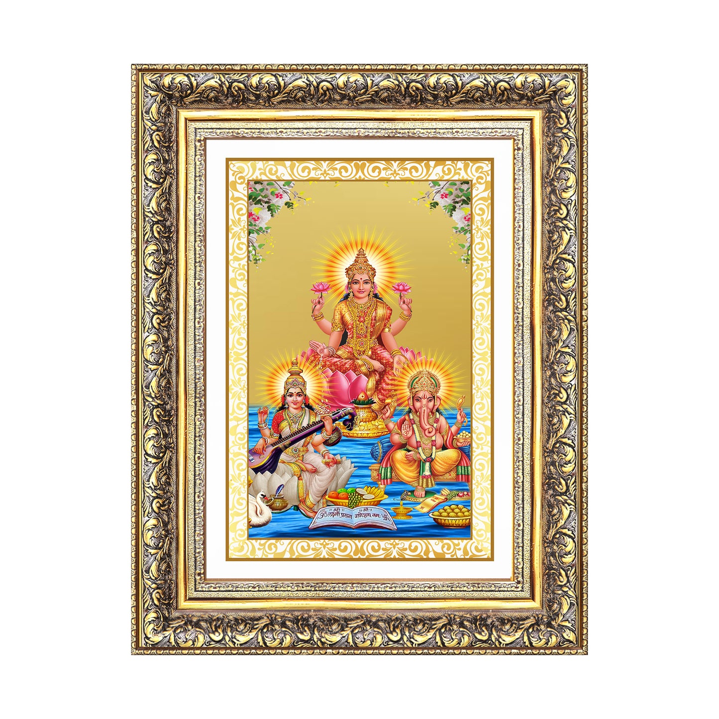 Goddess Lakshmi Saraswati & Lord Ganesha | Divine Trio Wall Mount Photo Frame in 24K Gold Plated Foil