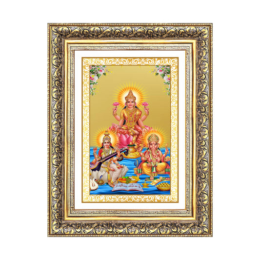 Goddess Lakshmi Saraswati & Lord Ganesha | Divine Trio Wall Mount Photo Frame in 24K Gold Plated Foil