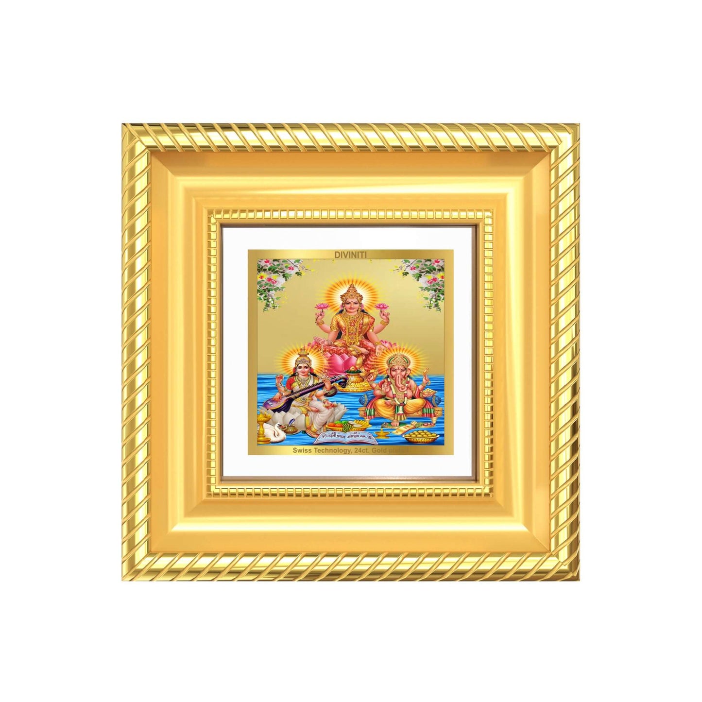 Goddess Lakshmi, Saraswati & Lord Ganesha | Divine Trio Tabletop Frame in 24K Gold Plated Foil.