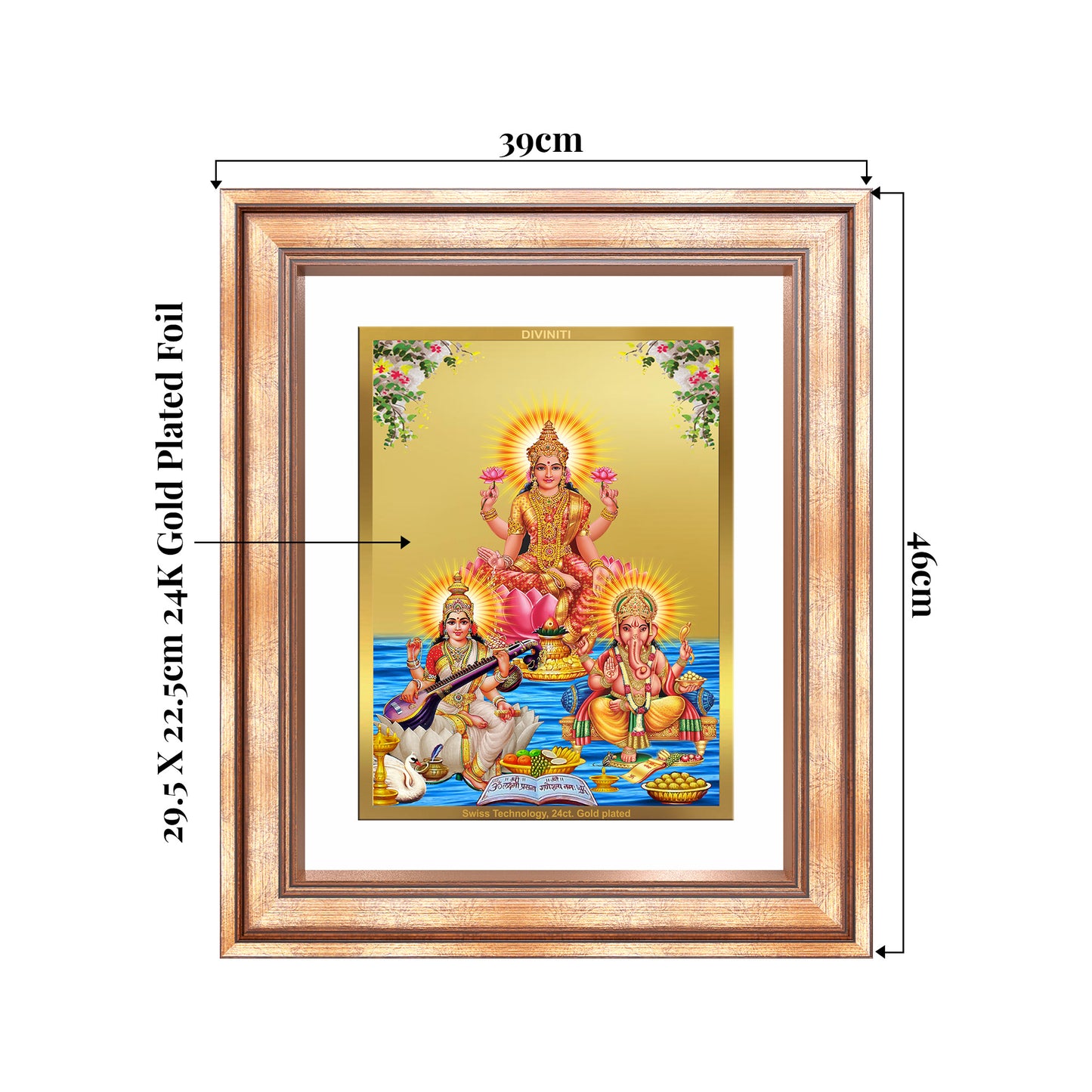 Goddess Lakshmi, Saraswati & Lord Ganesha | Divine Trio Wall Mount Photo Frame in 24K Gold Plated Foil