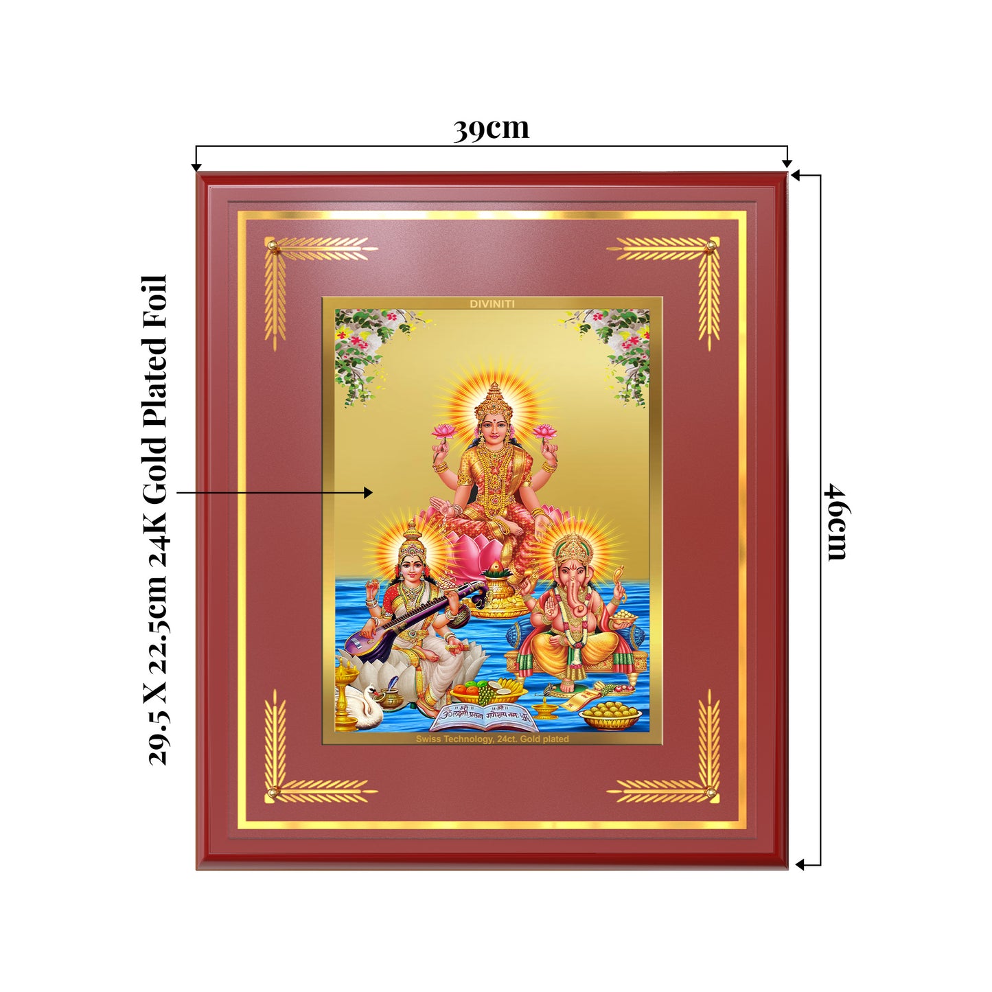 Goddess Lakshmi, Saraswati & Lord Ganesha | Divine Trio Wall Mount Photo Frame in 24K Gold Plated Foil