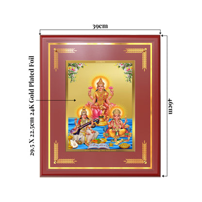 Goddess Lakshmi, Saraswati & Lord Ganesha | Divine Trio Wall Mount Photo Frame in 24K Gold Plated Foil