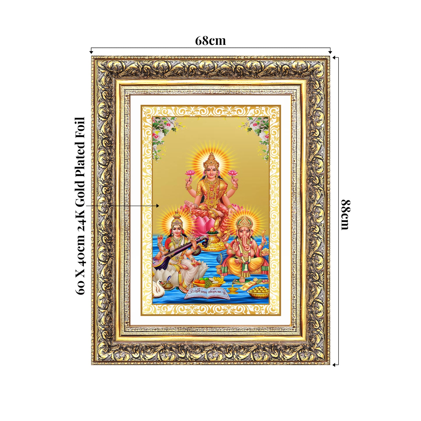 Goddess Lakshmi Saraswati & Lord Ganesha | Divine Trio Wall Mount Photo Frame in 24K Gold Plated Foil