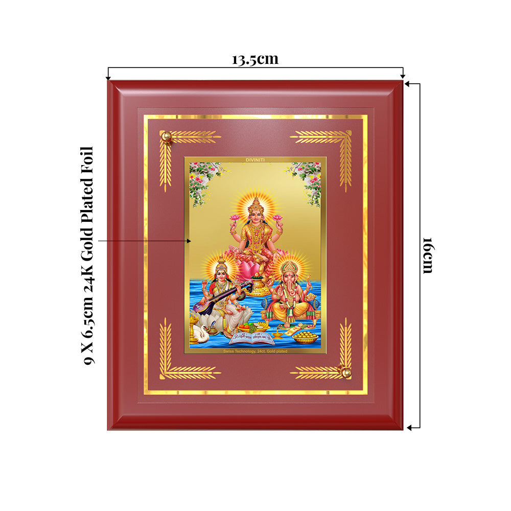 Goddess Lakshmi, Saraswati & Lord Ganesha | Divine Trio Wall & Tabletop Frame in 24K Gold Plated Foil