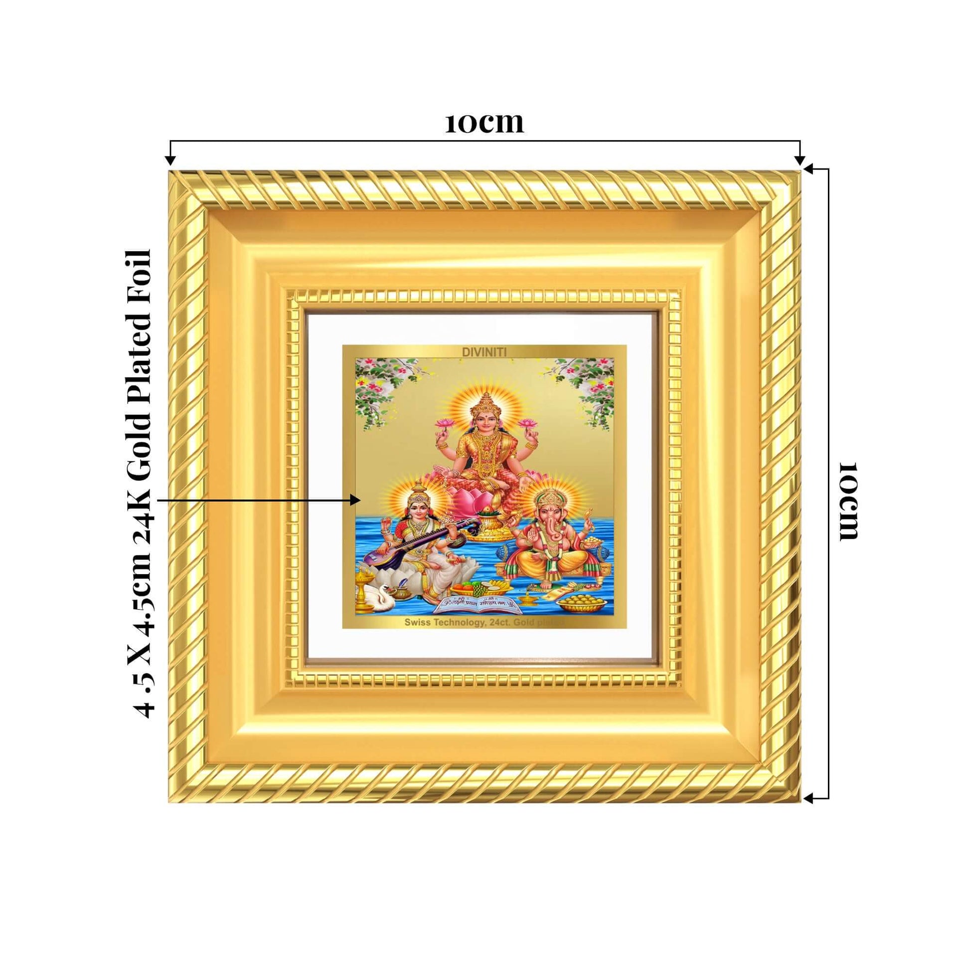 Goddess Lakshmi, Saraswati & Lord Ganesha | Divine Trio Tabletop Frame in 24K Gold Plated Foil