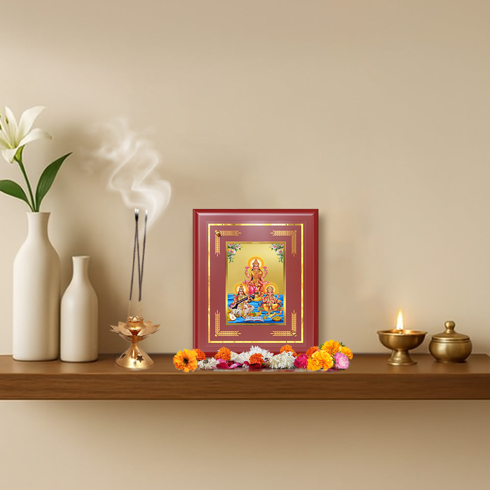 Goddess Lakshmi, Saraswati & Lord Ganesha | Divine Trio Wall & Tabletop Frame in 24K Gold Plated Foil