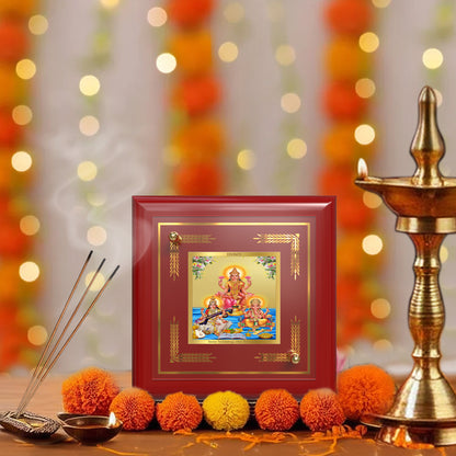 Goddess Lakshmi, Saraswati & Lord Ganesha | Divine Trio Tabletop Frame in 24K Gold Plated Foil