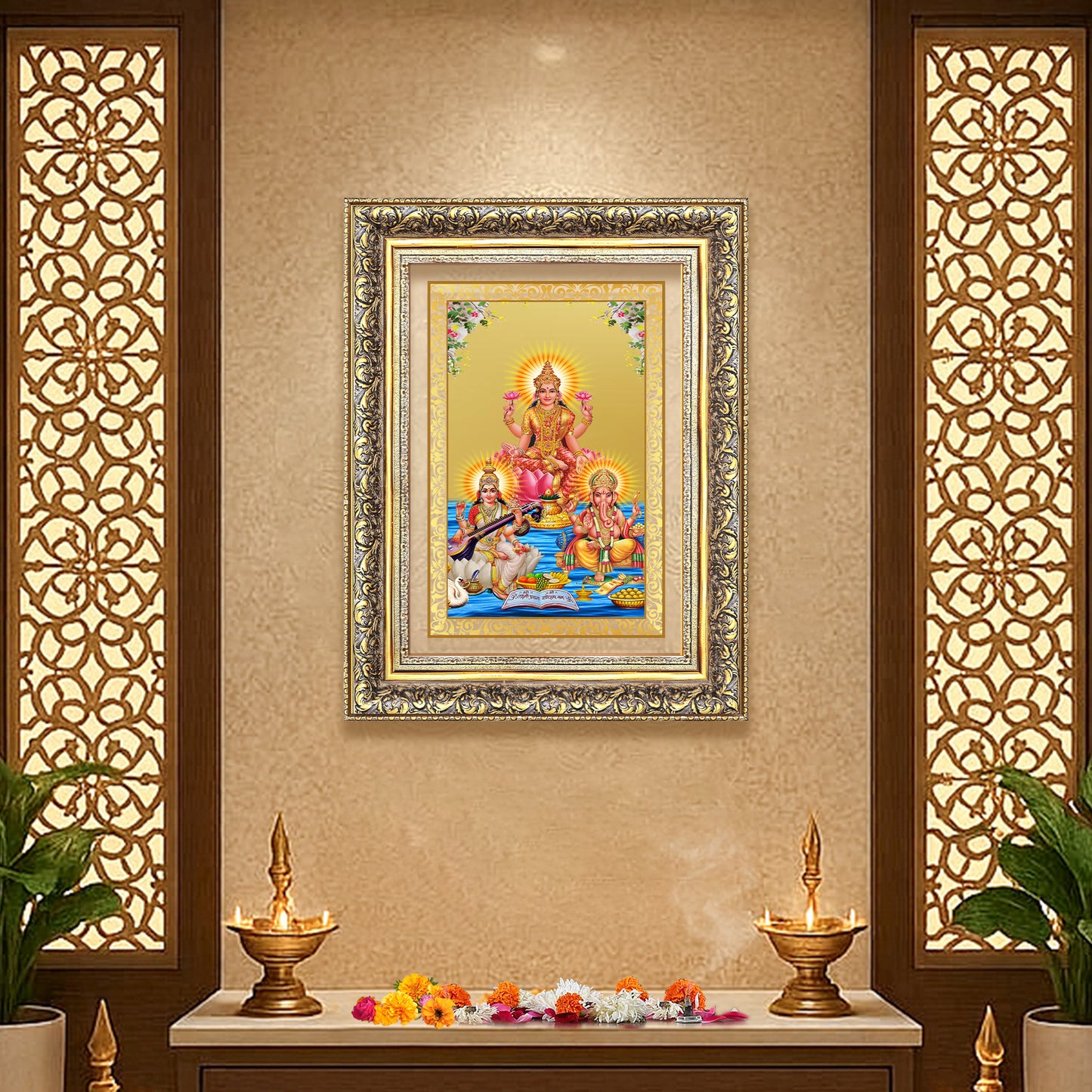 Goddess Lakshmi Saraswati & Lord Ganesha | Divine Trio Wall Mount Photo Frame in 24K Gold Plated Foil
