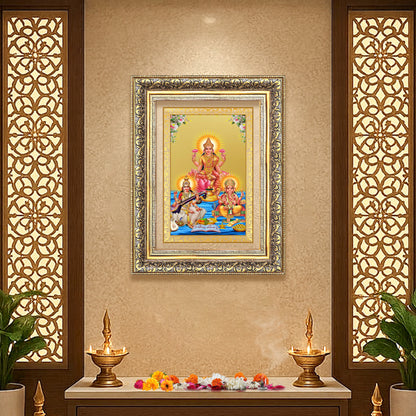 Goddess Lakshmi Saraswati & Lord Ganesha | Divine Trio Wall Mount Photo Frame in 24K Gold Plated Foil