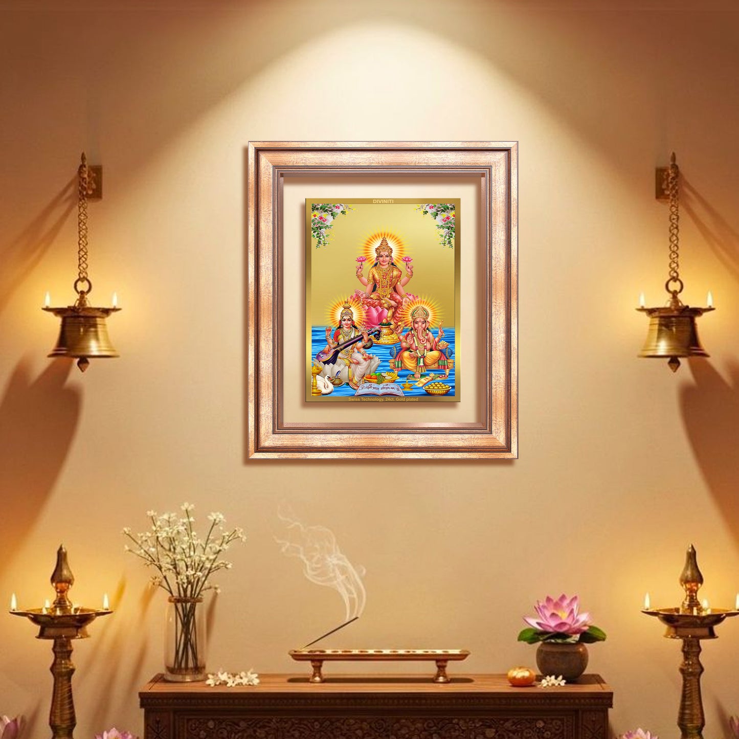 Goddess Lakshmi, Saraswati & Lord Ganesha | Divine Trio Wall Mount Photo Frame in 24K Gold Plated Foil
