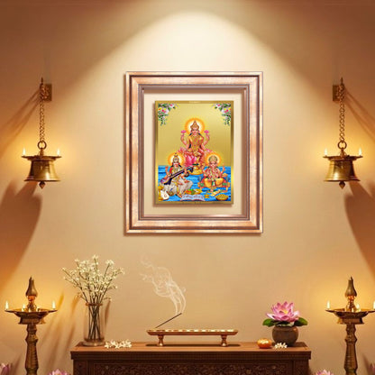 Goddess Lakshmi, Saraswati & Lord Ganesha | Divine Trio Wall Mount Photo Frame in 24K Gold Plated Foil