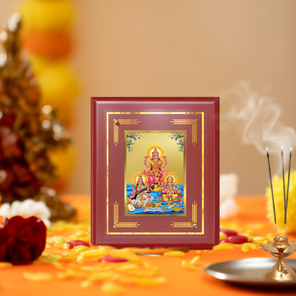 Goddess Lakshmi, Saraswati & Lord Ganesha | Divine Trio Wall & Tabletop Frame in 24K Gold Plated Foil