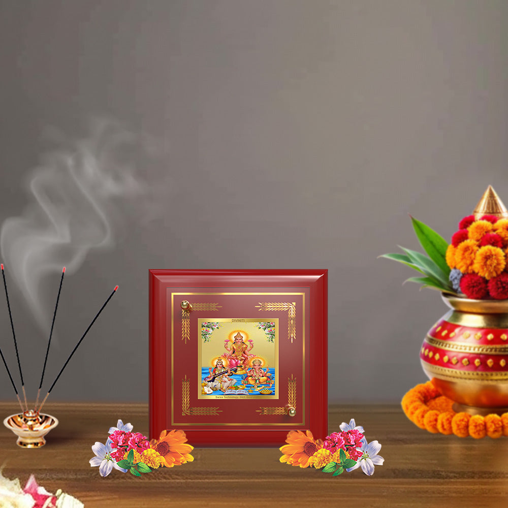 Goddess Lakshmi, Saraswati & Lord Ganesha | Divine Trio Tabletop Frame in 24K Gold Plated Foil