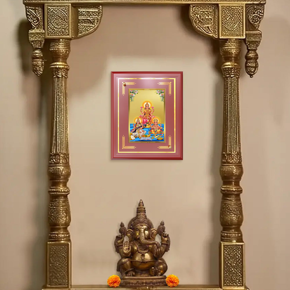 Goddess Lakshmi, Saraswati & Lord Ganesha | Divine Trio Wall and Tabletop Photo Frame in 24K Gold Plated Foil