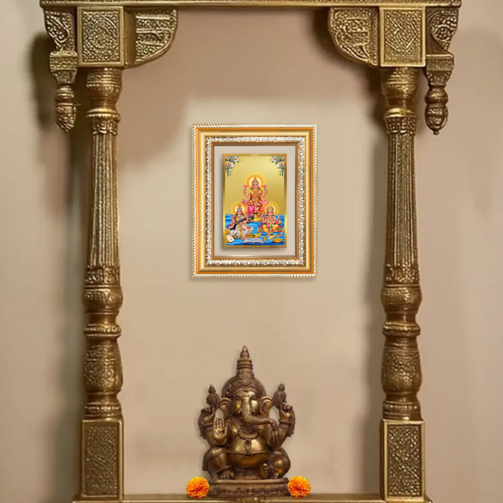Goddess Lakshmi Tabletop Photo Frame in 24K Gold Plated Foil displayed on wall